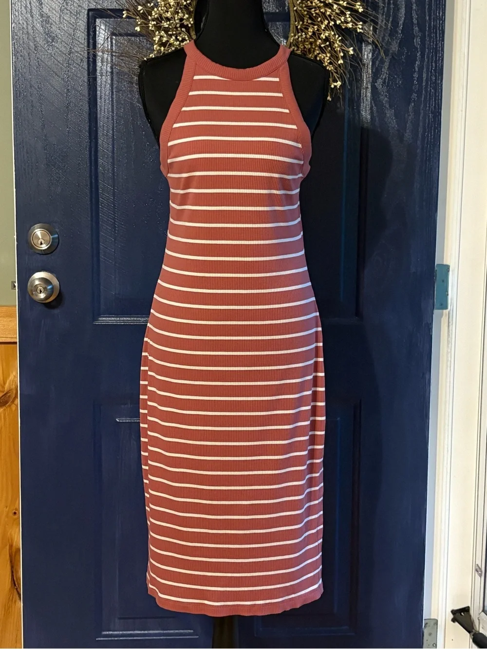 Old Navy Ribbed Halter Midi Dress in Rust and White Stripes size SP NWT